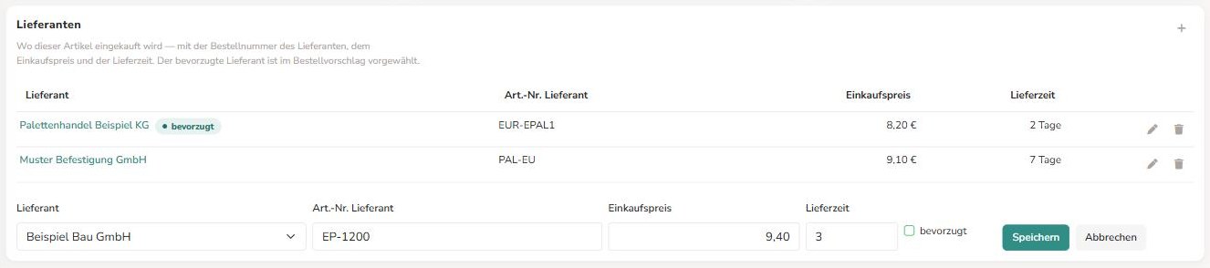 Block Lieferanten im Artikel: zwei Lieferanten, einer davon bevorzugt, darunter das Formular für einen dritten