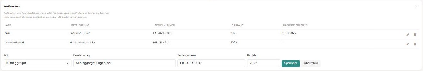 Eingabezeile für einen neuen Aufbau mit Art, Bezeichnung, Seriennummer und Baujahr