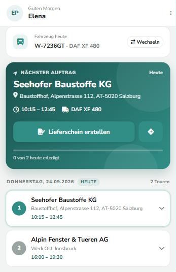 Oben die Karte Fahrzeug heute, darunter der nächste Auftrag als farbige Karte und die Touren des Tages als nummerierte Stopps