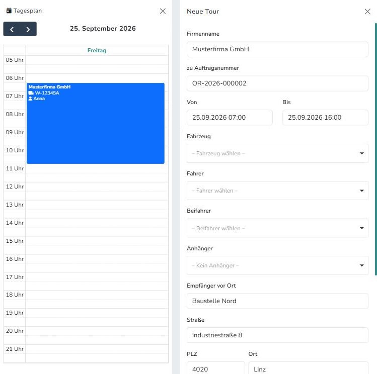 Neue Tour aus einem Auftrag, links der Tagesplan des Liefertags