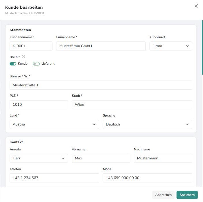 Kunde bearbeiten – Stammdaten mit Rolle und Kontakt