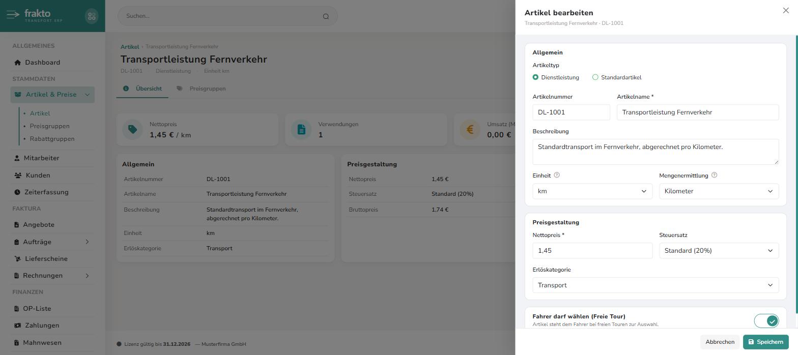 Artikel bearbeiten im Seitenpanel