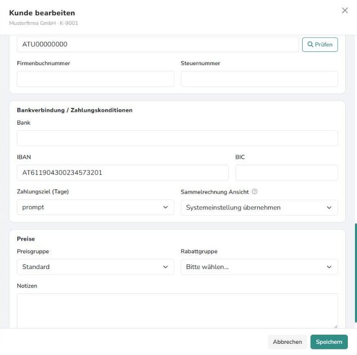 Kunde bearbeiten – Steuer, Bank, Preise