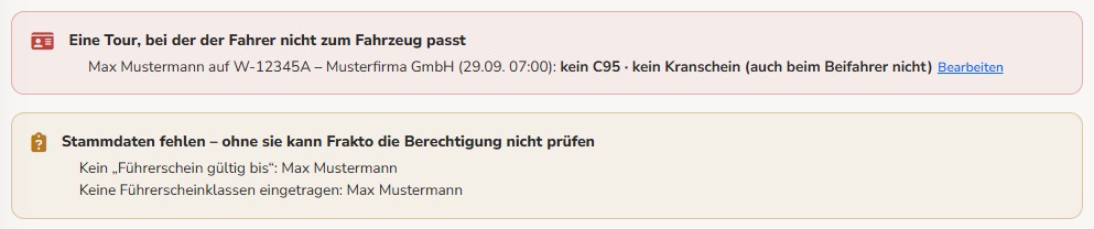 Befund: Max Mustermann auf W-12345A – kein C95, kein Kranschein (auch beim Beifahrer nicht); darunter Stammdaten fehlen