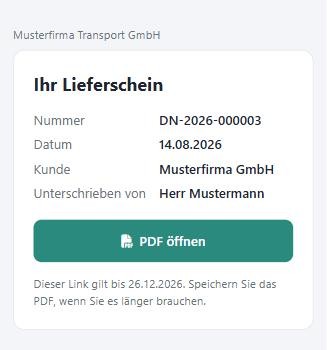 Öffentliche Seite Ihr Lieferschein mit Nummer, Datum, Kunde, Unterzeichner und dem Knopf PDF öffnen