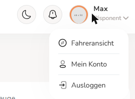 Benutzermenü mit Fahreransicht, Mein Konto und Ausloggen