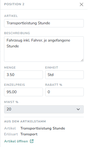 Detailpanel mit Artikel, Beschreibung, Menge, Einheit, Preis, Rabatt, MwSt und Herkunft