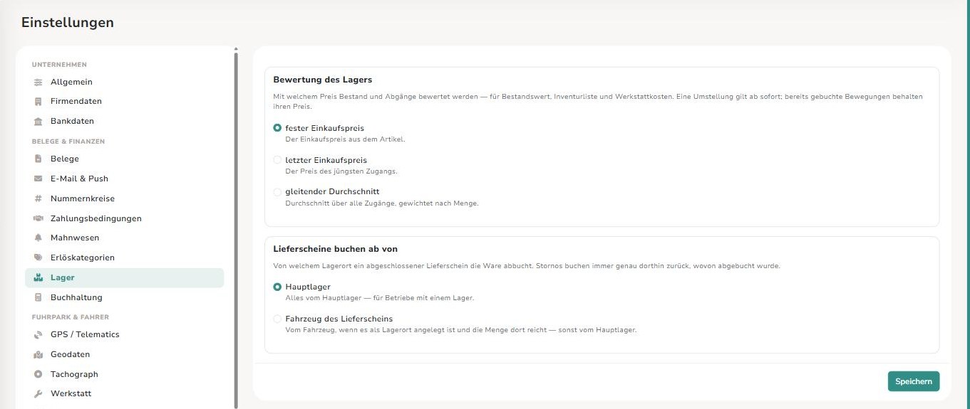 Einstellungen Lager: Bewertung und Abbuchungsort der Lieferscheine