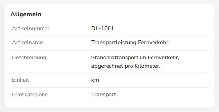 Artikel-Stammdaten mit der Erlöskategorie "Transport"