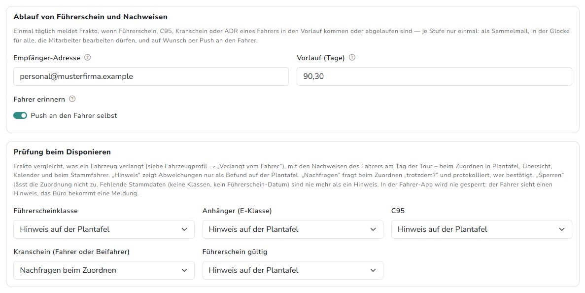 Karten Ablauf von Führerschein und Nachweisen sowie Prüfung beim Disponieren