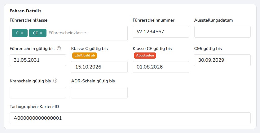 Fahrer-Details mit Klassen C und CE: Klasse C läuft bald ab, Klasse CE ist abgelaufen, dazu C95, Kranschein und ADR
