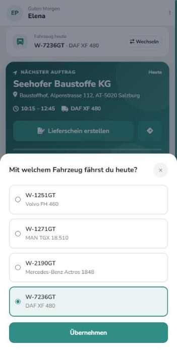 Auswahl Mit welchem Fahrzeug fährst du heute, das aktuelle ist markiert