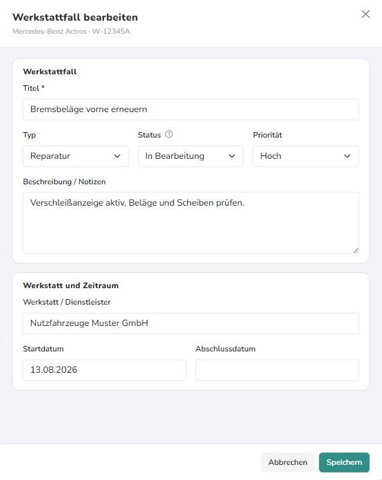 Werkstattfall bearbeiten im Seitenpanel