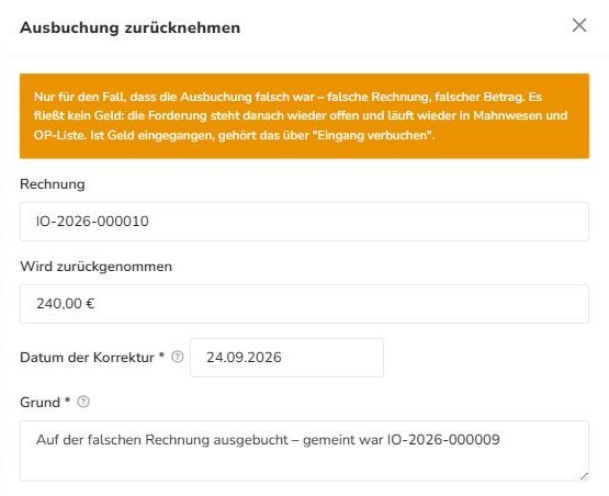 Dialog Ausbuchung zurücknehmen mit Betrag, Datum der Korrektur und Grund