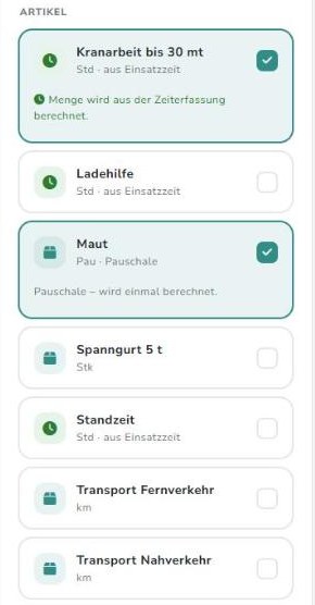 Artikelkarten der Freien Tour, zwei gewählt: Kranarbeit aus der Zeiterfassung, Maut als Pauschale