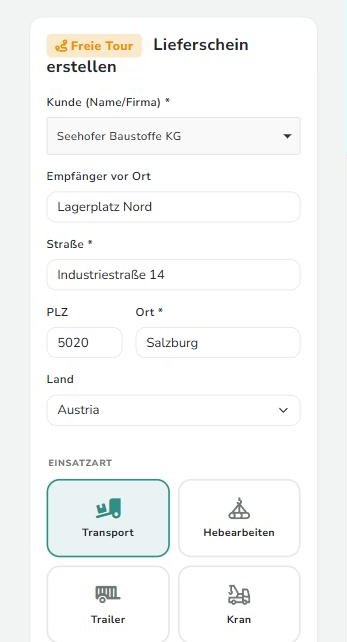 Formular mit Kunde, Einsatzort, Einsatzart und Artikelauswahl