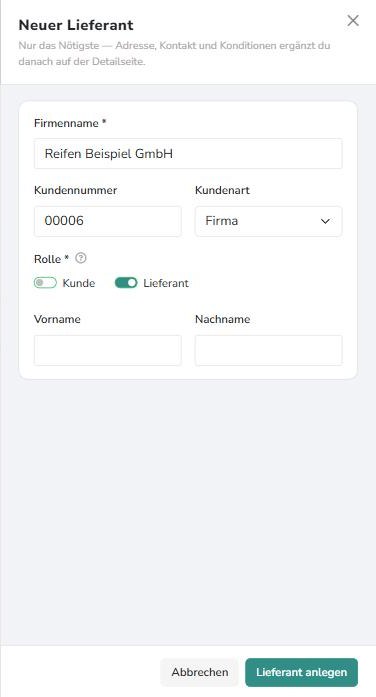 Panel Neuer Lieferant: Firmenname, Kundennummer, Kundenart, Rolle mit Schalter Lieferant eingeschaltet