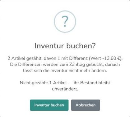 Bestätigung: 2 Artikel gezählt, 1 mit Differenz, 1 nicht gezählt