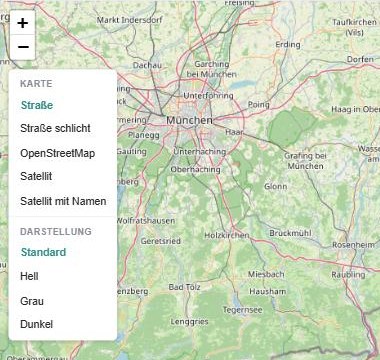 Menü mit den Kartenebenen Straße, Straße schlicht, OpenStreetMap, Satellit, Satellit mit Namen und der Darstellung Standard, Hell, Grau, Dunkel