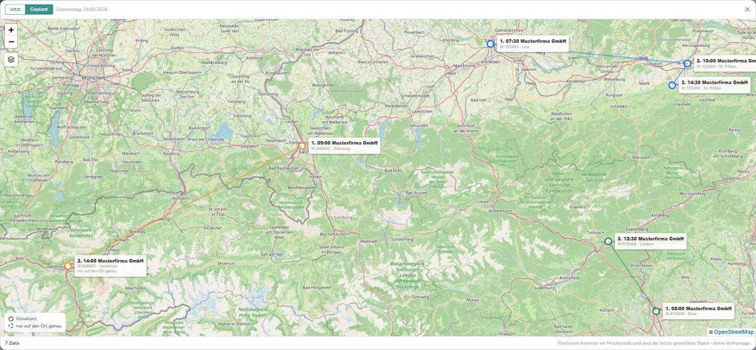 Karte in der Sicht Geplant, Tagesansicht: je Fahrzeug nummerierte und verbundene Ziele