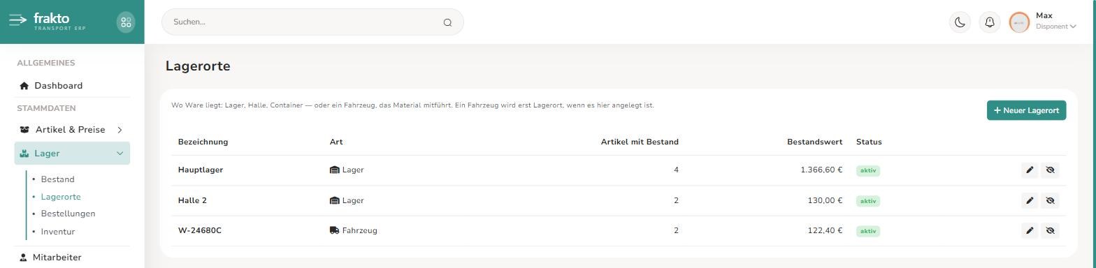 Lagerorte: Hauptlager, Halle 2 und ein Fahrzeug