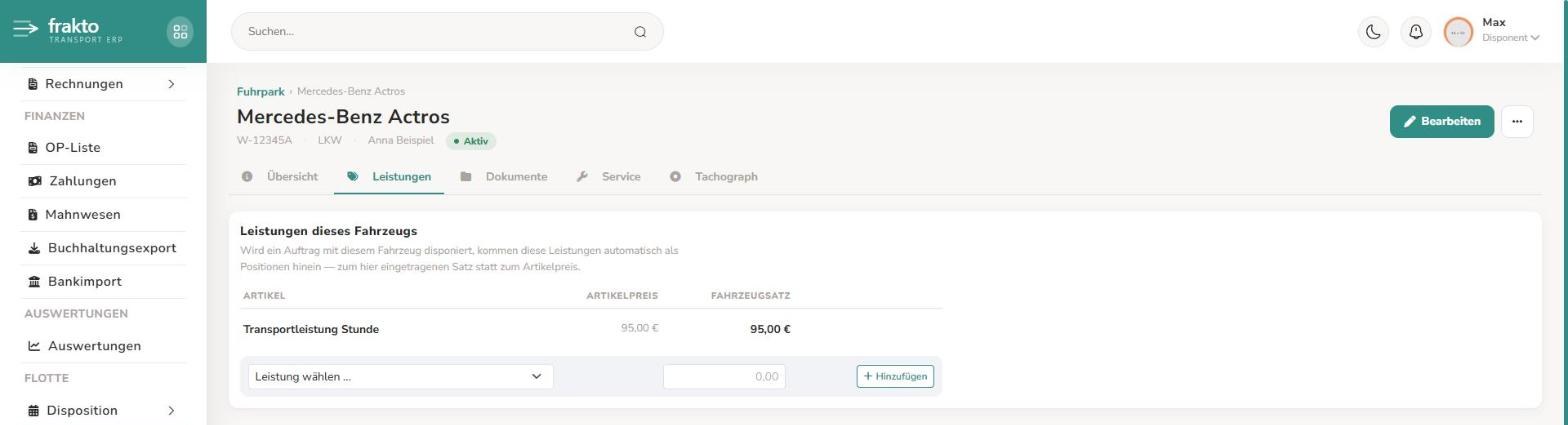 Leistungen dieses Fahrzeugs mit Artikelpreis, Fahrzeugsatz und der Zeile zum Hinzufügen