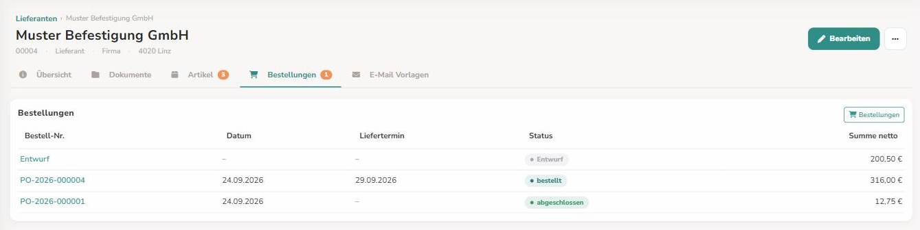 Reiter Bestellungen beim Lieferanten: ein Entwurf, eine offene und eine abgeschlossene Bestellung