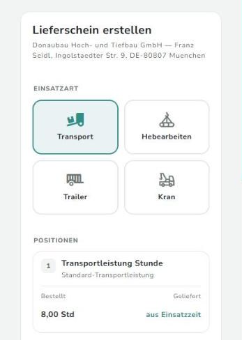 Lieferschein mit Einsatzart, Positionen und Zeiterfassung