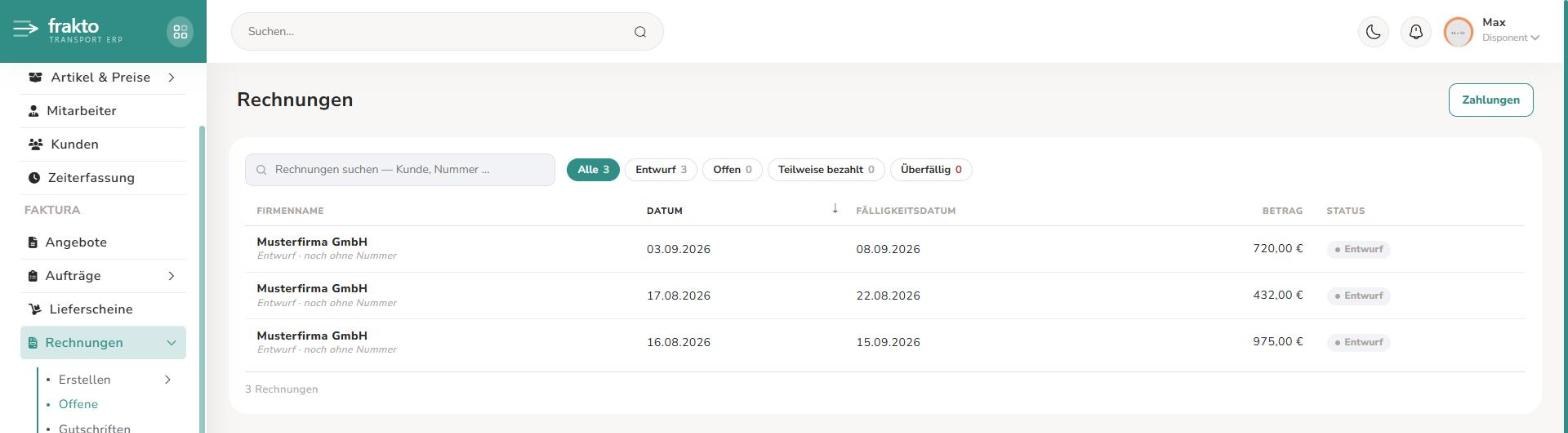 Liste "Offene" mit Status-Filtern und Zahlungen-Button