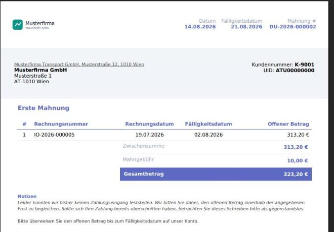 Mahnschreiben "Erste Mahnung" mit Mahngebühr und erhöhtem Gesamtbetrag