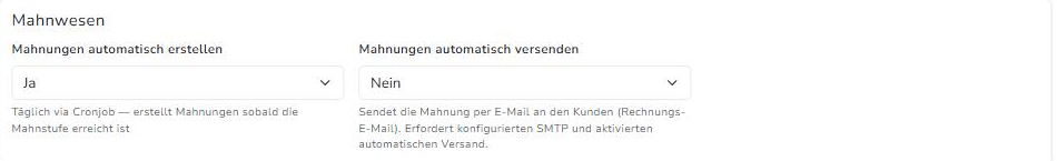 Die zwei Schalter "Mahnungen automatisch erstellen" und "automatisch versenden"