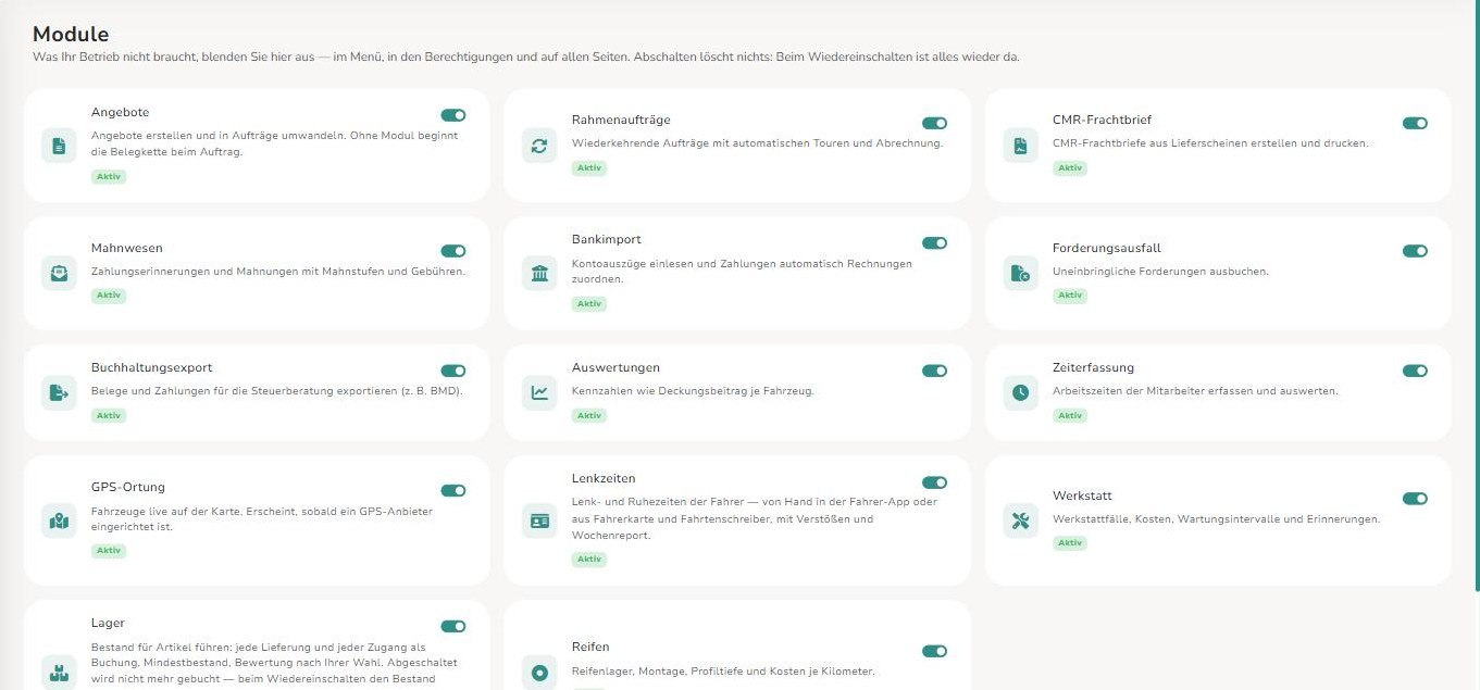 Einstellungen → Module: je Bereich eine Karte mit Schalter