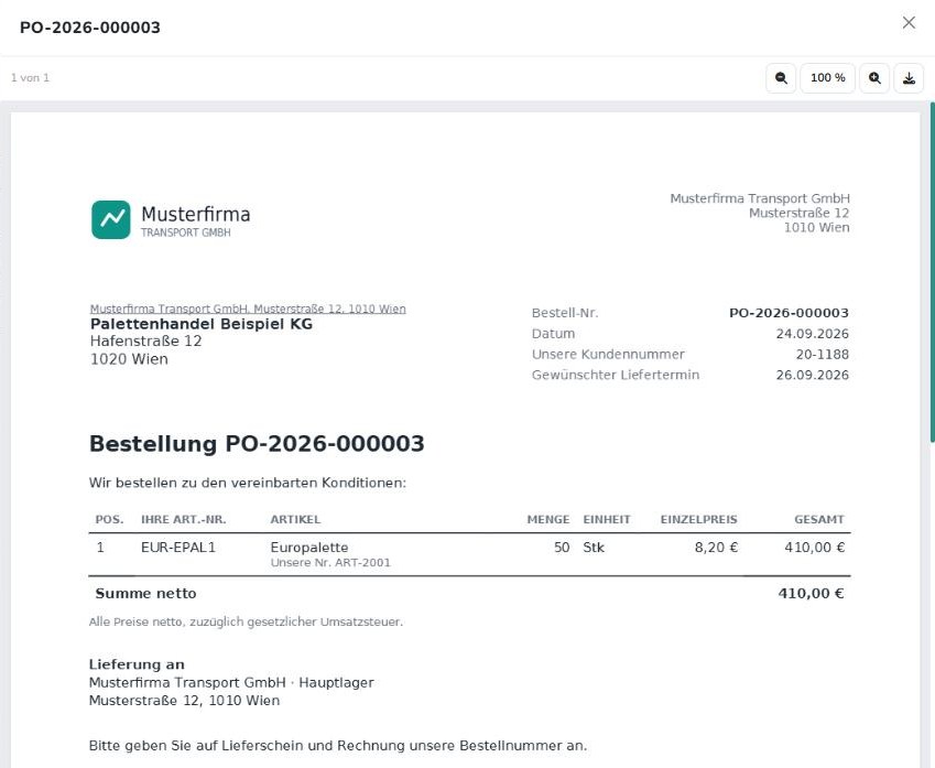 Bestellung als PDF: Firmenkopf, Lieferant, Bestell-Nr., Kundennummer, Liefertermin, Positionen mit Art.-Nr. des Lieferanten, Lieferadresse