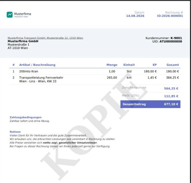 Rechnungs-PDF mit diagonalem KOPIE-Wasserzeichen
