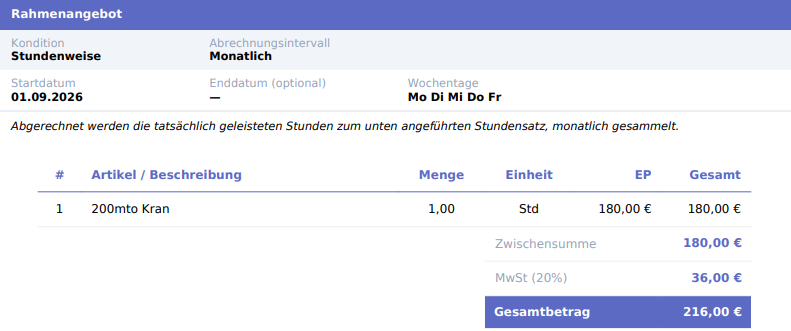 Rahmenangebot-Bedingungen im PDF mit automatisch generiertem Abrechnungshinweis