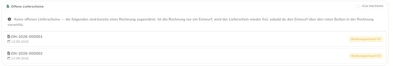 Hinweis, dass die Lieferscheine bereits einem Rechnungsentwurf zugeordnet sind