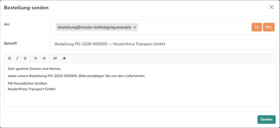 Versandfenster Bestellung senden: Empfänger des Lieferanten, Betreff und vorbelegter Text