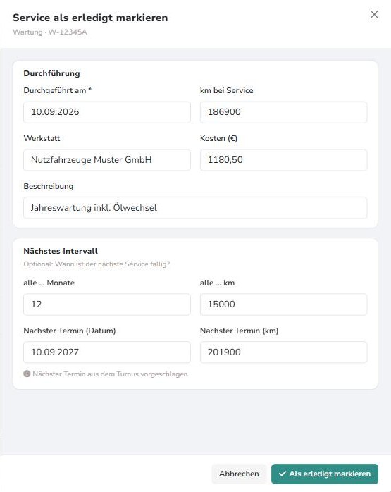 Panel mit Durchführungsdaten und vorgeschlagenem nächsten Intervall