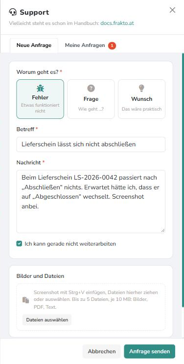 Support-Fenster mit Art der Anfrage, Betreff, Nachricht und Dateiablage