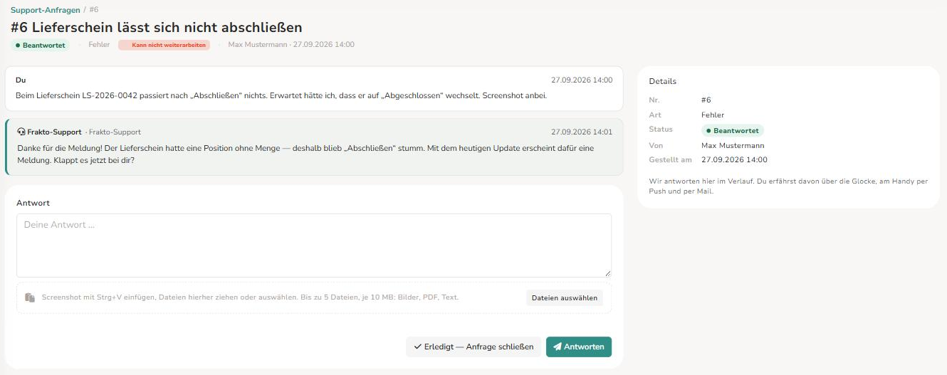Verlauf einer Anfrage mit Antwort des Supports und Antwortfeld