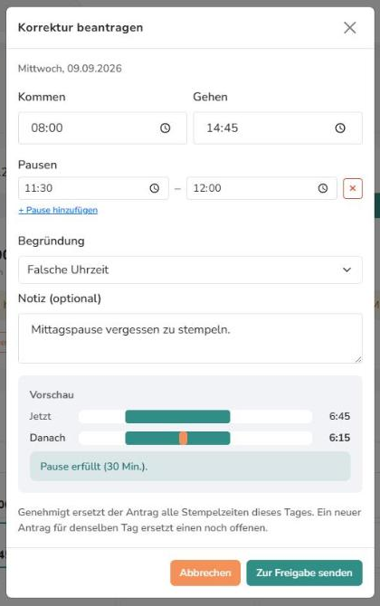 Dialog mit Kommen, Gehen, Pausen, Grund und Vorschau