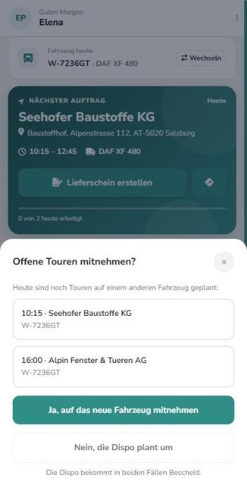 Rückfrage Offene Touren mitnehmen mit den beiden Touren des Tages