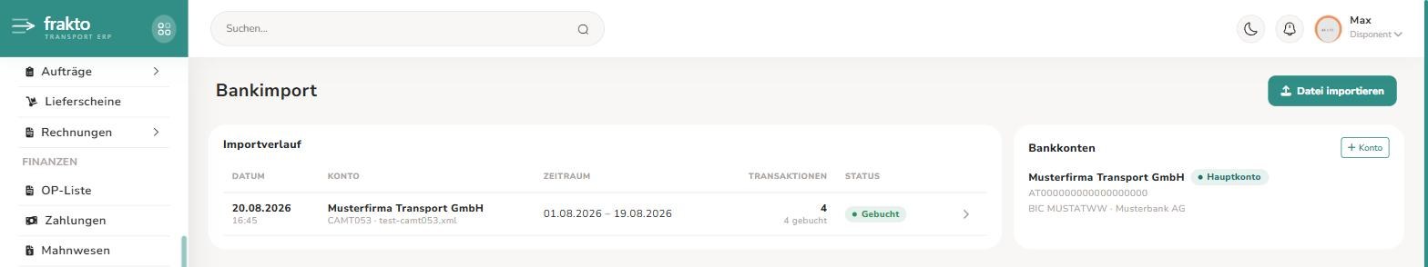 Bankimport mit Importverlauf und Bankkonten