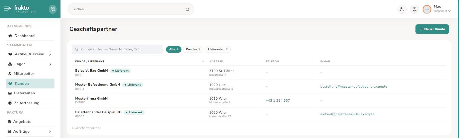Liste Geschäftspartner mit Filter Alle, Kunden, Lieferanten; drei Einträge mit dem Schild Lieferant