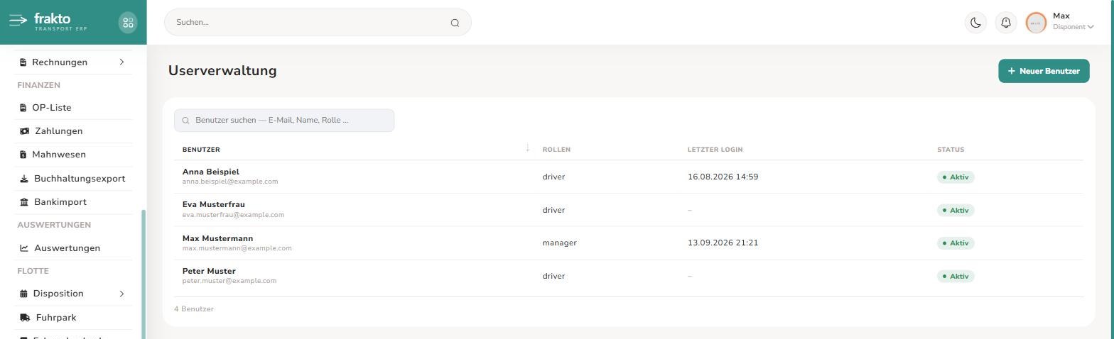 Benutzerliste mit Name und E-Mail, Rollen, letztem Login und Status