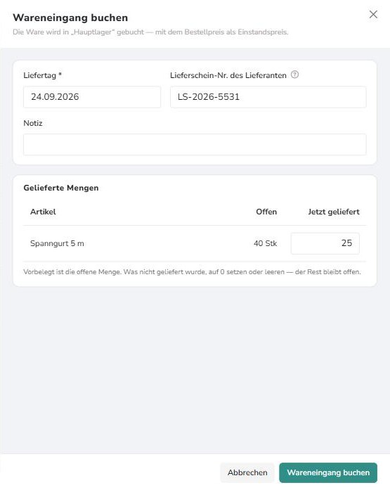 Panel Wareneingang: Liefertag, Lieferschein-Nr. des Lieferanten, Notiz und je Position die gelieferte Menge