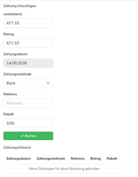 Zahlungsdialog mit verbleibendem Betrag, Betrag, Datum, Methode, Referenz und Rabatt