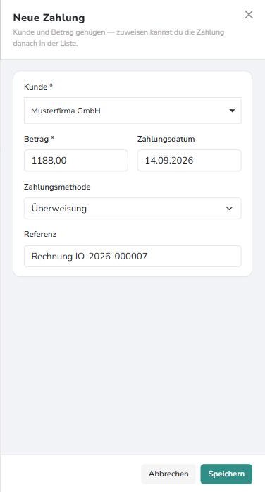 Panel Neue Zahlung mit Kunde, Betrag, Datum, Methode und Referenz