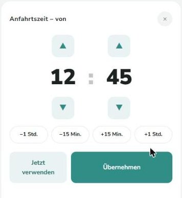 Zeitwähler für die Anfahrt, geöffnet auf 12:45 – dem Einsatzbeginn