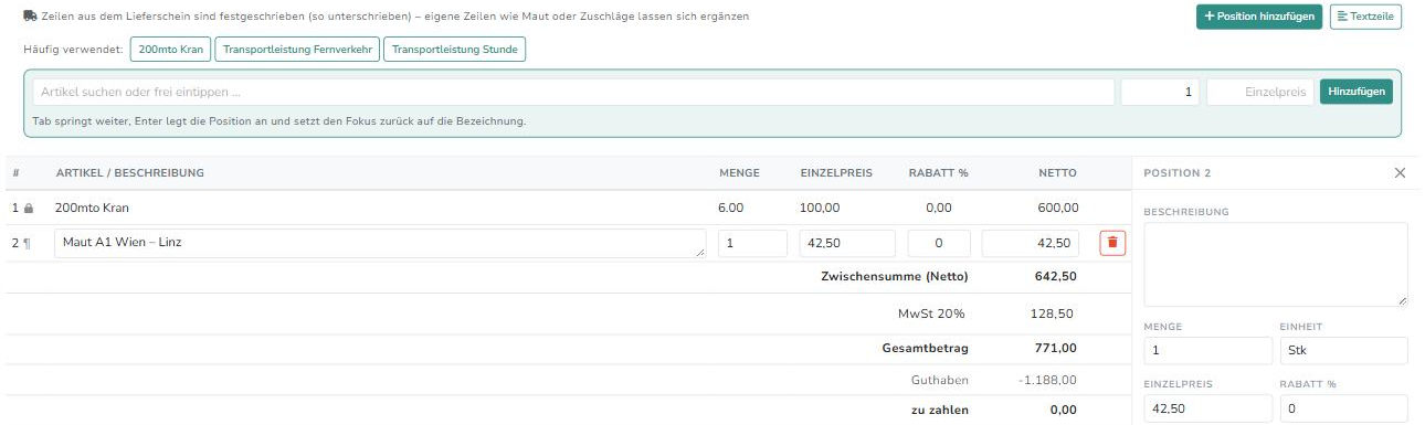 Rechnungsentwurf: Lieferschein-Zeile mit Schloss, darunter eine ergänzte Maut-Zeile